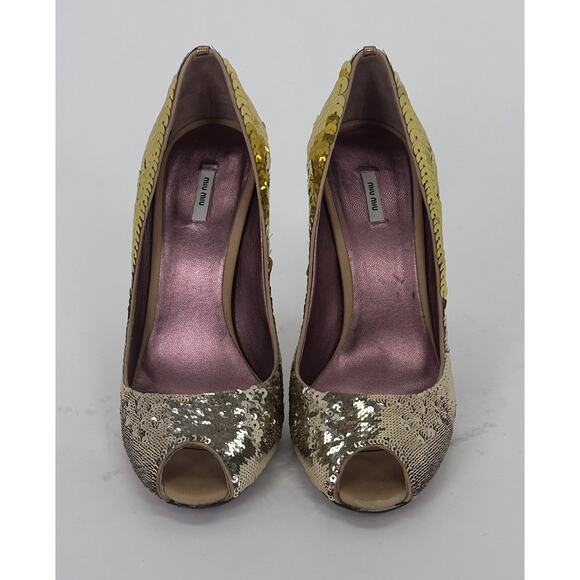 ⭐️ Miu Miu Gold Sequin Open Toe Heels Made in Italy Size 37 / 7 - Picture 5 of 9